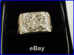 10K SOLID GOLD Mens Heavy Vintage Masonic Diamond Ring Sz 9.75 MASONS RING