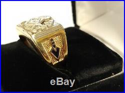 10K SOLID GOLD Mens Heavy Vintage Masonic Diamond Ring Sz 9.75 MASONS RING