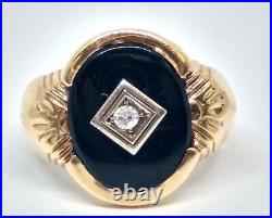10K, VTG, Yellow Gold, Men's, Black Onyx with Diamond Accent Ring. Size 10.5