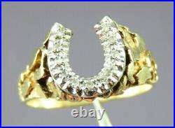 10K YELLOW GOLD Vintage DIAMOND HORSESHOE Horse Shoe NUGGET TRIM RING Mens 12.5