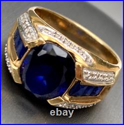 10K Yellow Gold Lab-Created Faceted Blue Sapphire Diamond Mens Vintage Ring 10.5