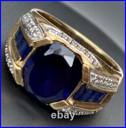 10K Yellow Gold Lab-Created Faceted Blue Sapphire Diamond Mens Vintage Ring 10.5
