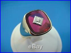 10k Yellow Gold Men's Red Stone And Diamond Vintage Ring, 7.3 Grams, Size 10