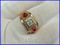 14K Diamond & Ruby Ring Ornate, Men's Cabochon & Round 8.3gr Vintage 10.5