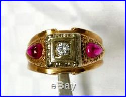 14K Diamond & Ruby Ring Ornate, Men's Cabochon & Round 8.3gr Vintage 10.5