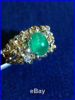 14K Gold Colombian Emerald Cabochon and Diamond Vintage Heavy Mens Nugget Ring