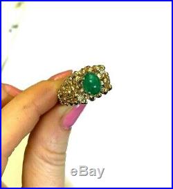 14K Gold Colombian Emerald Cabochon and Diamond Vintage Heavy Mens Nugget Ring