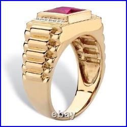 14K Gold Plated Silver Men's Wedding / Engagement Gift Lab-Created Red Ruby Ring