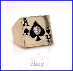 14K Solid Yellow Gold Ace Of Spade Mens Ring 0.25 Ct Natural Diamond VS2 15.2 Gr