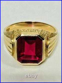 14K Yellow Gold Finish 4 Ct Red Ruby Vintage Art Deco Men's Lab-Created Ring