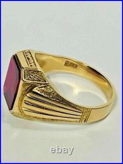 14K Yellow Gold Finish 4 Ct Red Ruby Vintage Art Deco Men's Lab-Created Ring