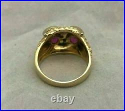 14K Yellow Gold Over Pinky Vintage Estate Band Owl Head Ruby Diamond Men's Ring