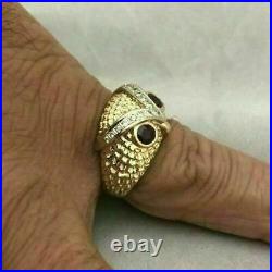 14K Yellow Gold Over Pinky Vintage Estate Band Owl Head Ruby Diamond Men's Ring