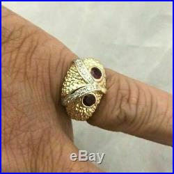 14K Yellow Gold Over Pinky Vintage Estate Band Owl Head Ruby Diamond Mens Ring