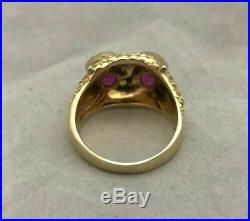 14K Yellow Gold Over Pinky Vintage Estate Band Owl Head Ruby Diamond Mens Ring