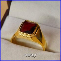 14K Yellow Gold Plated 3Ct Emerald Cut Men's Lab-Created Red Garnet Wedding Ring