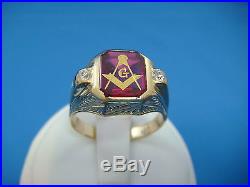 14k Gold Masonic Men's Vintage High Set Ring With Old Cut Diamonds 8.5 Grams