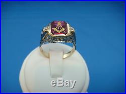 14k Gold Masonic Men's Vintage High Set Ring With Old Cut Diamonds 8.5 Grams