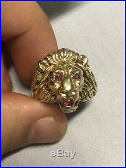 14k Solid Gold 1980 Vintage Men Lion Ring With Ruby
