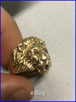 14k Solid Gold 1980 Vintage Men Lion Ring With Ruby