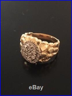 14k Solid Yellow Gold Nugget 7 Diamond Cluster Mens Ring Size 11 Vintage