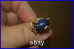 14k Vintage Solid Heavy Gold Lapis Oval Cabochon Men's Dragon Ring, Size 11-11.5