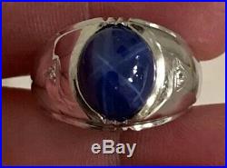14k WG 5.50ct Natural Star Sapphire. 06cttw Diamond Mens Vintage Ring 8.512.6g