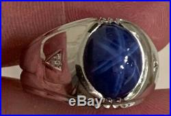 14k WG 5.50ct Natural Star Sapphire. 06cttw Diamond Mens Vintage Ring 8.512.6g