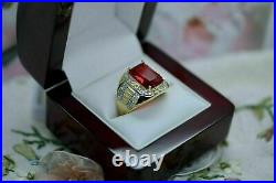 14k Yellow Gold Over 4 CT Emerald Cut Red Ruby & Diamond Men's Vintage Band Ring