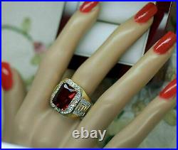 14k Yellow Gold Over 4 CT Emerald Cut Red Ruby & Diamond Men's Vintage Band Ring