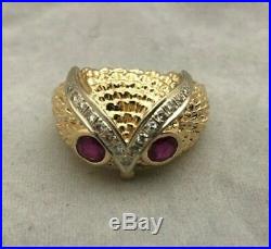 14k Yellow Gold Over Vintage Estate Owl Head Ruby Diamond Mens Pinky Ring