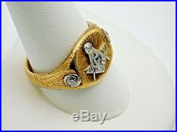 14k Yellow Gold Vintage Men's Masonic Ring W 3 Diamonds, Size 11