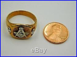 14k Yellow Gold Vintage Men's Masonic Ring W 3 Diamonds, Size 11