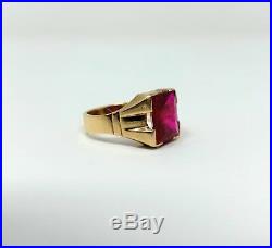 14k Yellow Gold Vintage Men's Synthetic Ruby Ring Size 10.5