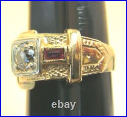 14k Yg Men's Vintage. 25ctdw European Cut Diamond And Ruby Buckle Ring, Sz 9.75