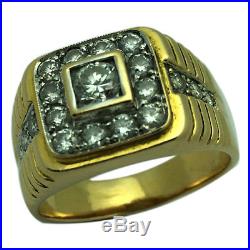 18K Solid Yellow Gold Real Diamonds Estate Vintage Style Mens Ring