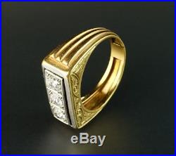 18K Yellow Gold Platinum. 83ctw Diamond Vintage Art Deco Three Stone Mens Ring