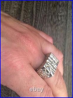 18k White Gold & Cz Triple Stone Mens Vintage Modernist Signet Ring Sz. 9.5