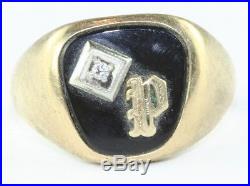 1950's Vintage Mens 10k Gold Diamond And Onyx Initial Letter P Ring Size 11.5