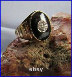 1950s Vintage Mens Statement Ring Diamond & Onyx 10k Gold Davidson & Sons sz 9.5