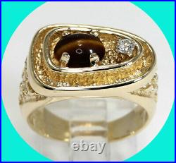 1.15CT vintage mens diamond tigers eye nugget ring 14K yellow gold sz 8.5 12.4GM