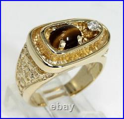 1.15CT vintage mens diamond tigers eye nugget ring 14K yellow gold sz 8.5 12.4GM