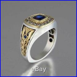 1.50 Ct Blue Sapphire & Diamond Vintage Mens Wedding Ring 14k Two Tone Gold Over