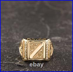 1.90 ct Cubic Zirconia Vintage Style Mens Signet Ring Silver Yellow Gold Plated