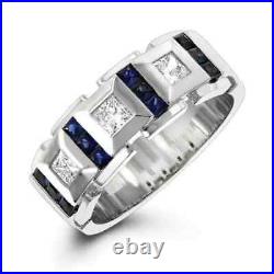 1.99Ct Princess Simulated Blue Sapphire Men's Wedding Band 14k White Gold Plated