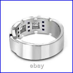 1.99Ct Princess Simulated Blue Sapphire Men's Wedding Band 14k White Gold Plated