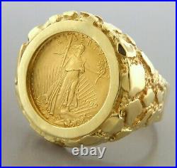 20mm Coin American Eagle Men's Nugget Vintage Ring Heavy 14K Yellow Gold Plated