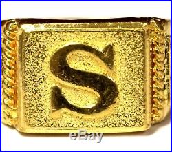24k yellow gold Mens initial letter S signet ring 7.4g gents estate vintage