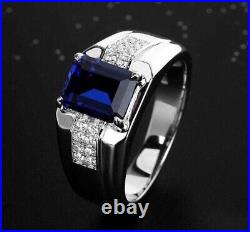 2Ct Lab Created Blue Sapphire Men's Engagement Ring 14K White Gold Plated Silver