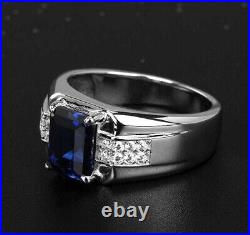 2Ct Lab Created Blue Sapphire Men's Engagement Ring 14K White Gold Plated Silver